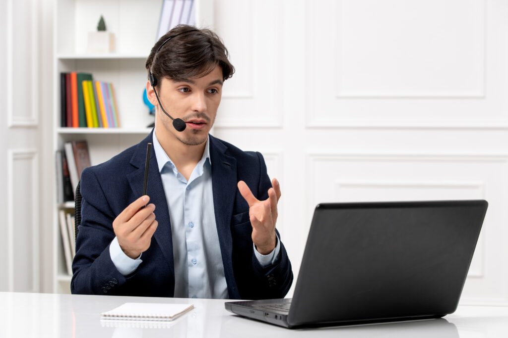 Event Planners Should Invest in Call Answering: 10 Reasons 3 customer service handsome guy with headset laptop suit talking videocall computer