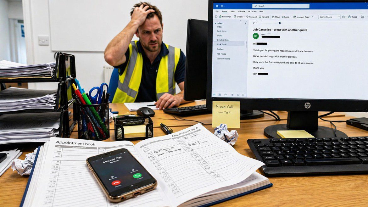 Missed calls lose jobs for trades businesses as stressed Perth contractor handles unanswered customer enquiries in busy office workspace