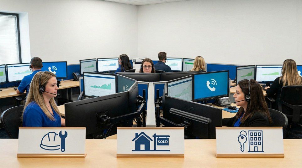 Professional real estate and property management call answering services handling client enquiries in a modern office setting